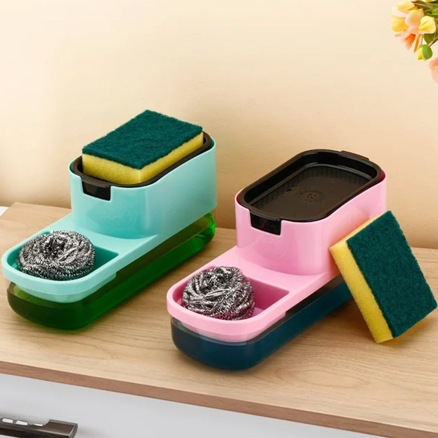 2 in 1 Plastic Dish Soap Liquid Dispenser Sponge Holder ,Sabudani (1 Set)