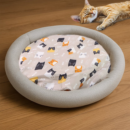 Round Soft Plush Cat Bed with Cartoon Cat Print Cushion