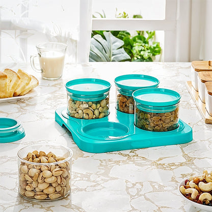 Airtight Container Jar 4 Pc Set With Stylish Tray for Kitchen Unbreakable Jar Set for Multipurpose Storage ( Mukhwas Dani )