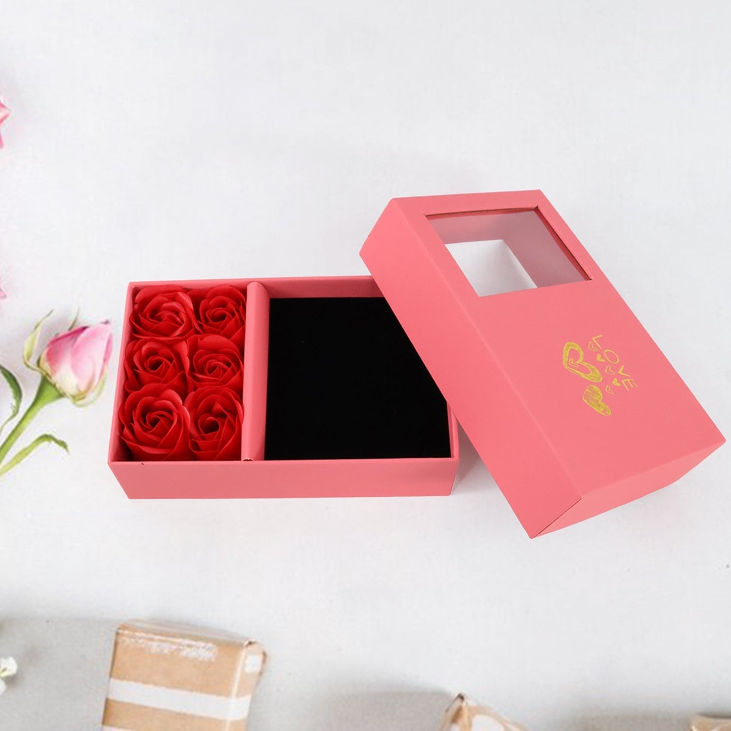 Jewellery Gift Box with Lids & Roses Packaging Box with 6 Roses (1 Set)