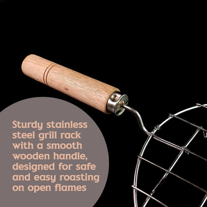 Kitchen Round Stainless Steel Roaster Papad Jali, Barbecue Grill with Wooden Handle