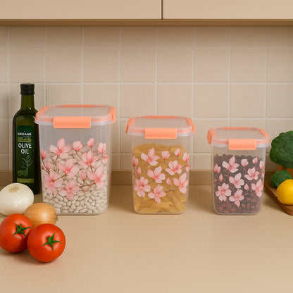 Square 3 Pcs Floral Printed Airtight Storage Container Set – Approx 2.8 Ltr, 4.5 Ltr, 6.9 Ltr (3 Pcs Set)