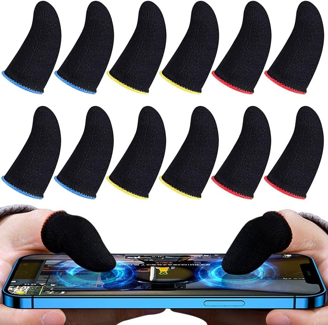 Pubg Anti-Slip Thumb Sleeve, Slip-Proof Sweat-Proof Professional Touch Screen Thumbs Finger Sleeve for Pubg Mobile Phone Game Gaming Gloves ( Multi Colour ) ( 6 Pair - 12 Pcs)