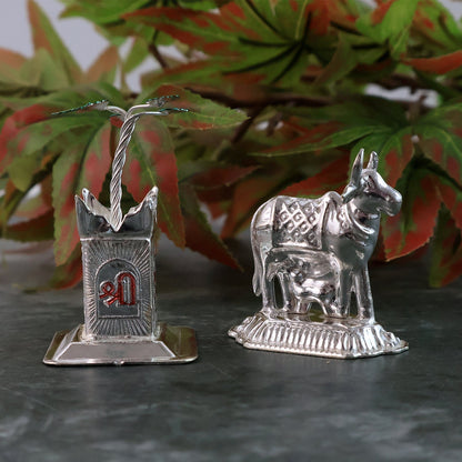 Silver-Plated Kamdhenu Cow & Tulsi Plant Pair – Pooja & Home Décor
