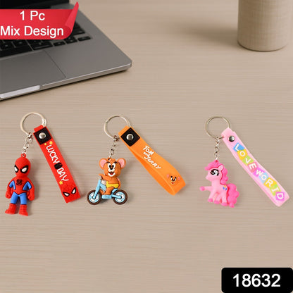 Cute Cartoon Silicone 3D Key Chain with Metal Hook & Strap (Pack of 1)